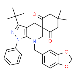 ChemSpider 2D Image | 7'-(1,3-Benzodioxol-5-ylmethyl)-4,4-dimethyl-3'-(2-methyl-2-propanyl)-1'-phenyl-1',4',6',7'-tetrahydro-2H,6H-spiro[cyclohexane-1,5'-pyrazolo[3,4-b]pyridine]-2,6-dione | C31H35N3O4