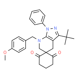 ChemSpider 2D Image | 7'-(4-Methoxybenzyl)-3'-(2-methyl-2-propanyl)-1'-phenyl-1',4',6',7'-tetrahydro-2H,6H-spiro[cyclohexane-1,5'-pyrazolo[3,4-b]pyridine]-2,6-dione | C29H33N3O3