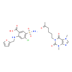 ChemSpider 2D Image | 4-Chloro-2-[(2-furylmethyl)amino]-5-sulfamoylbenzoic acid - 3,7-dimethyl-1-(5-oxohexyl)-3,7-dihydro-1H-purine-2,6-dione (1:1) | C25H29ClN6O8S
