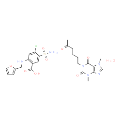 ChemSpider 2D Image | 4-Chloro-2-[(2-furylmethyl)amino]-5-sulfamoylbenzoic acid - 3,7-dimethyl-1-(5-oxohexyl)-3,7-dihydro-1H-purine-2,6-dione hydrate (1:1:1) | C25H31ClN6O9S