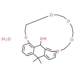 ChemSpider 2D Image | 27,27-Dimethyl-6,9,12,15,18-pentaoxatetracyclo[21.3.1.0~5,26~.0~19,24~]heptacosa-1(26),2,4,19,21,23-hexaen-25-ol hydrate (1:1) | C24H32O7
