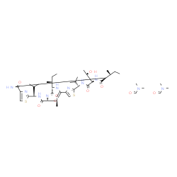 ChemSpider 2D Image | N,N-Dimethylformamide - (4S,7S,8R,11R,18S,21R,24R)-4,18-di[(2S)-2-butanyl]-21-[(1R)-1-hydroxyethyl]-11,24-diisopropyl-7-methyl-6-oxa-13,26-dithia-3,10,17,20,23,28,29,30-octaazatetracyclo[23.2.1.1~5,8~
.1~12,15~]triaconta-1(27),5(30),12(29),14,25(28)-pentaene-2,9,16,19,22-pentone (2:1) | C42H68N10O9S2