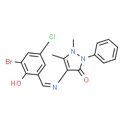 ChemSpider 2D Image | 4-[(Z)-(3-Bromo-5-chloro-2-hydroxybenzylidene)amino]-1,5-dimethyl-2-phenyl-1,2-dihydro-3H-pyrazol-3-one | C18H15BrClN3O2