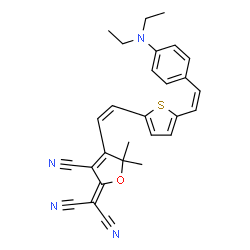 ChemSpider 2D Image | {3-Cyano-4-[(Z)-2-(5-{(Z)-2-[4-(diethylamino)phenyl]vinyl}-2-thienyl)vinyl]-5,5-dimethyl-2(5H)-furanylidene}malononitrile | C28H26N4OS