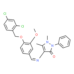 ChemSpider 2D Image | 4-[(Z)-{4-[(2,4-Dichlorobenzyl)oxy]-3-methoxybenzylidene}amino]-1,5-dimethyl-2-phenyl-1,2-dihydro-3H-pyrazol-3-one | C26H23Cl2N3O3