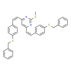 ChemSpider 2D Image | 4,6-Bis{(Z)-2-[4-(benzylsulfanyl)phenyl]vinyl}-2-(methylsulfanyl)pyrimidine | C35H30N2S3