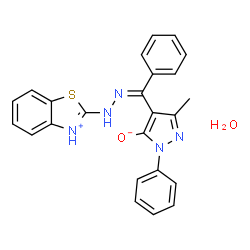 ChemSpider 2D Image | 4-[(Z)-(1,3-Benzothiazol-3-ium-2-ylhydrazono)(phenyl)methyl]-3-methyl-1-phenyl-1H-pyrazol-5-olate hydrate (1:1) | C24H21N5O2S