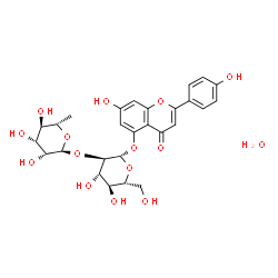 ChemSpider 2D Image | 7-Hydroxy-2-(4-hydroxyphenyl)-4-oxo-4H-chromen-5-yl 2-O-(6-deoxy-alpha-L-mannopyranosyl)-beta-D-glucopyranoside hydrate (1:1) | C27H32O15