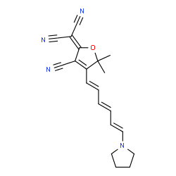 ChemSpider 2D Image | {3-Cyano-5,5-dimethyl-4-[(1E,3E,5E)-6-(1-pyrrolidinyl)-1,3,5-hexatrien-1-yl]-2(5H)-furanylidene}malononitrile | C20H20N4O