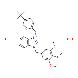 ChemSpider 2D Image | 3-[4-(2-Methyl-2-propanyl)benzyl]-1-(3,4,5-trimethoxybenzyl)-1H-benzimidazol-3-ium bromide hydrate (1:1:1) | C28H35BrN2O4