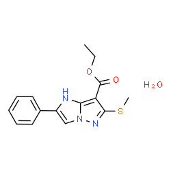 ChemSpider 2D Image | Ethyl 6-(methylsulfanyl)-2-phenyl-1H-imidazo[1,2-b]pyrazole-7-carboxylate hydrate (1:1) | C15H17N3O3S
