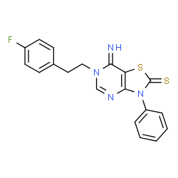 ChemSpider 2D Image | 6-[2-(4-Fluorophenyl)ethyl]-7-imino-3-phenyl-6,7-dihydro[1,3]thiazolo[4,5-d]pyrimidine-2(3H)-thione | C19H15FN4S2
