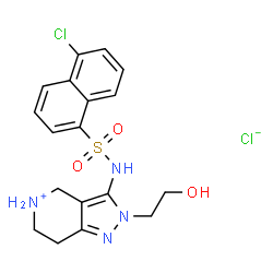ChemSpider 2D Image | 3-{[(5-Chloro-1-naphthyl)sulfonyl]amino}-2-(2-hydroxyethyl)-4,5,6,7-tetrahydro-2H-pyrazolo[4,3-c]pyridin-5-ium chloride | C18H20Cl2N4O3S