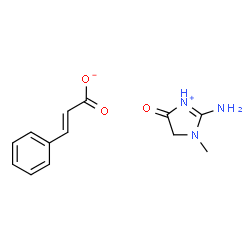 ChemSpider 2D Image | 2-Amino-1-methyl-4-oxo-4,5-dihydro-1H-imidazol-3-ium (2E)-3-phenylacrylate | C13H15N3O3