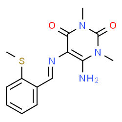 ChemSpider 2D Image | 6-Amino-1,3-dimethyl-5-{(E)-[2-(methylsulfanyl)benzylidene]amino}-2,4(1H,3H)-pyrimidinedione | C14H16N4O2S