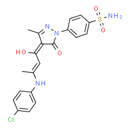 ChemSpider 2D Image | 4-[(4E)-4-{(2E)-3-[(4-Chlorophenyl)amino]-1-hydroxy-2-buten-1-ylidene}-3-methyl-5-oxo-4,5-dihydro-1H-pyrazol-1-yl]benzenesulfonamide | C20H19ClN4O4S