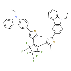 ChemSpider 2D Image | 3,3'-[(3,3,4,4,5,5-Hexafluoro-1-cyclopentene-1,2-diyl)bis(5-methyl-4,2-thienediyl)]bis(9-ethyl-9H-carbazole) | C43H32F6N2S2