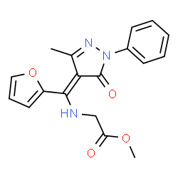 ChemSpider 2D Image | Methyl N-[(Z)-2-furyl(3-methyl-5-oxo-1-phenyl-1,5-dihydro-4H-pyrazol-4-ylidene)methyl]glycinate | C18H17N3O4