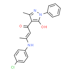 ChemSpider 2D Image | (2E)-3-[(4-Chlorophenyl)amino]-1-(5-hydroxy-3-methyl-1-phenyl-1H-pyrazol-4-yl)-2-buten-1-one | C20H18ClN3O2