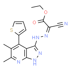 ChemSpider 2D Image | Ethyl (2Z)-cyano{(2Z)-[5,6-dimethyl-4-(2-thienyl)-1,2-dihydro-3H-pyrazolo[3,4-b]pyridin-3-ylidene]hydrazono}acetate | C17H16N6O2S