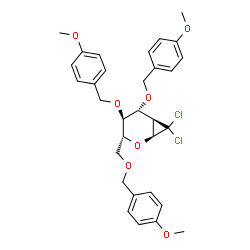 ChemSpider 2D Image | (1S,3R,4S,5R,6R)-7,7-Dichloro-4,5-bis[(4-methoxybenzyl)oxy]-3-{[(4-methoxybenzyl)oxy]methyl}-2-oxabicyclo[4.1.0]heptane | C31H34Cl2O7