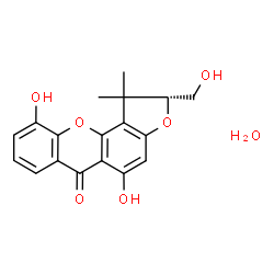 ChemSpider 2D Image | (2R)-5,10-Dihydroxy-2-(hydroxymethyl)-1,1-dimethyl-1,2-dihydro-6H-furo[2,3-c]xanthen-6-one hydrate (1:1) | C18H18O7
