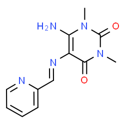 ChemSpider 2D Image | 6-Amino-1,3-dimethyl-5-[(E)-(2-pyridinylmethylene)amino]-2,4(1H,3H)-pyrimidinedione | C12H13N5O2