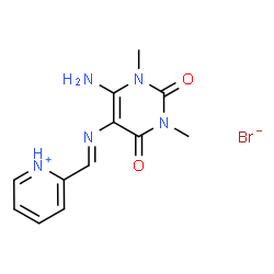 ChemSpider 2D Image | 2-{(E)-[(6-Amino-1,3-dimethyl-2,4-dioxo-1,2,3,4-tetrahydro-5-pyrimidinyl)imino]methyl}pyridinium bromide | C12H14BrN5O2