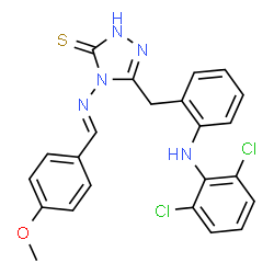 ChemSpider 2D Image | 5-{2-[(2,6-Dichlorophenyl)amino]benzyl}-4-[(E)-(4-methoxybenzylidene)amino]-2,4-dihydro-3H-1,2,4-triazole-3-thione | C23H19Cl2N5OS