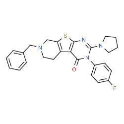 ChemSpider 2D Image | 7-Benzyl-3-(4-fluorophenyl)-2-(1-pyrrolidinyl)-5,6,7,8-tetrahydropyrido[4',3':4,5]thieno[2,3-d]pyrimidin-4(3H)-one | C26H25FN4OS