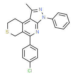 ChemSpider 2D Image | 5-(4-Chlorophenyl)-1-methyl-3-phenyl-3,6,8,9-tetrahydropyrazolo[3,4-b]thiopyrano[4,3-d]pyridine | C22H18ClN3S