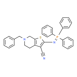 ChemSpider 2D Image | 6-Benzyl-2-[(triphenylphosphoranylidene)amino]-4,5,6,7-tetrahydrothieno[2,3-c]pyridine-3-carbonitrile | C33H28N3PS