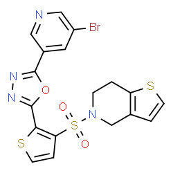 ChemSpider 2D Image | 5-({2-[5-(5-Bromo-3-pyridinyl)-1,3,4-oxadiazol-2-yl]-3-thienyl}sulfonyl)-4,5,6,7-tetrahydrothieno[3,2-c]pyridine | C18H13BrN4O3S3