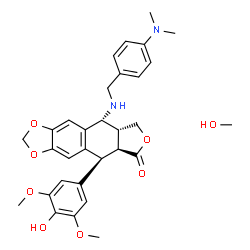 ChemSpider 2D Image | (5S,5aS,8aR,9R)-9-{[4-(Dimethylamino)benzyl]amino}-5-(4-hydroxy-3,5-dimethoxyphenyl)-5,8,8a,9-tetrahydrofuro[3',4':6,7]naphtho[2,3-d][1,3]dioxol-6(5aH)-one - methanol (1:1) | C31H36N2O8