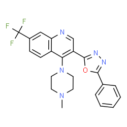 ChemSpider 2D Image | 4-(4-Methyl-1-piperazinyl)-3-(5-phenyl-1,3,4-oxadiazol-2-yl)-7-(trifluoromethyl)quinoline | C23H20F3N5O