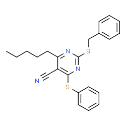 ChemSpider 2D Image | 2-(Benzylsulfanyl)-4-pentyl-6-(phenylsulfanyl)-5-pyrimidinecarbonitrile | C23H23N3S2