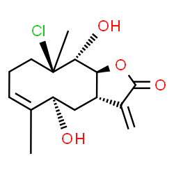 ChemSpider 2D Image | (3aS,5R,6Z,10R,11R,11aS)-10-Chloro-5,11-dihydroxy-6,10-dimethyl-3-methylene-3a,4,5,8,9,10,11,11a-octahydrocyclodeca[b]furan-2(3H)-one | C15H21ClO4