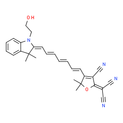 ChemSpider 2D Image | [3-Cyano-4-{(1E,3E,5E,7E)-7-[1-(2-hydroxyethyl)-3,3-dimethyl-1,3-dihydro-2H-indol-2-ylidene]-1,3,5-heptatrien-1-yl}-5,5-dimethyl-2(5H)-furanylidene]malononitrile | C29H28N4O2