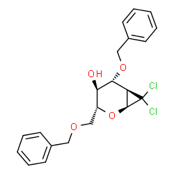 ChemSpider 2D Image | (1S,3R,4S,5R,6R)-5-(Benzyloxy)-3-[(benzyloxy)methyl]-7,7-dichloro-2-oxabicyclo[4.1.0]heptan-4-ol | C21H22Cl2O4