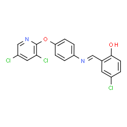 ChemSpider 2D Image | 4-Chloro-2-[(E)-({4-[(3,5-dichloro-2-pyridinyl)oxy]phenyl}imino)methyl]phenol | C18H11Cl3N2O2