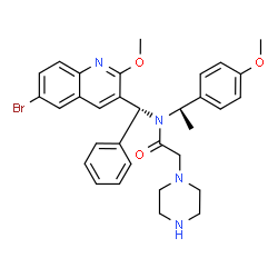 ChemSpider 2D Image | N-[(R)-(6-Bromo-2-methoxy-3-quinolinyl)(phenyl)methyl]-N-[(1S)-1-(4-methoxyphenyl)ethyl]-2-(1-piperazinyl)acetamide | C32H35BrN4O3