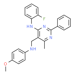 ChemSpider 2D Image | N-(2-Fluorophenyl)-5-{[(4-methoxyphenyl)amino]methyl}-6-methyl-2-phenyl-4-pyrimidinamine | C25H23FN4O