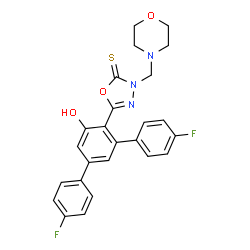 ChemSpider 2D Image | 5-(4,4''-Difluoro-5'-hydroxy-1,1':3',1''-terphenyl-4'-yl)-3-(4-morpholinylmethyl)-1,3,4-oxadiazole-2(3H)-thione | C25H21F2N3O3S