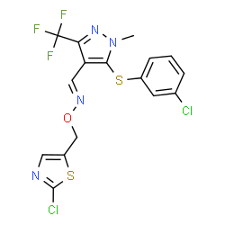 ChemSpider 2D Image | (E)-1-{5-[(3-Chlorophenyl)sulfanyl]-1-methyl-3-(trifluoromethyl)-1H-pyrazol-4-yl}-N-[(2-chloro-1,3-thiazol-5-yl)methoxy]methanimine | C16H11Cl2F3N4OS2