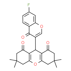 ChemSpider 2D Image | 9-(7-Fluoro-4-oxo-4H-chromen-3-yl)-3,3,6,6-tetramethyl-3,4,5,6,7,9-hexahydro-1H-xanthene-1,8(2H)-dione | C26H25FO5