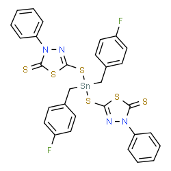 ChemSpider 2D Image | 5,5'-{[Bis(4-fluorobenzyl)stannanediyl]disulfanediyl}bis(3-phenyl-1,3,4-thiadiazole-2(3H)-thione) | C30H22F2N4S6Sn