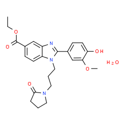 ChemSpider 2D Image | Ethyl 2-(4-hydroxy-3-methoxyphenyl)-1-[3-(2-oxo-1-pyrrolidinyl)propyl]-1H-benzimidazole-5-carboxylate hydrate (1:1) | C24H29N3O6