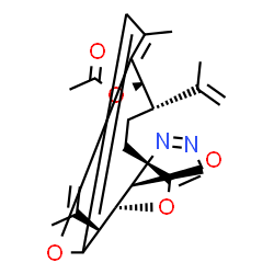 ChemSpider 2D Image | (1S,4S,5S,10R,11R,12R)-4,10-Diisopropenyl-7-methyl-16-oxo-17,18-dioxa-14,15-diazatetracyclo[9.4.2.1~6,9~.0~1,12~]octadeca-6,8,14-trien-5-yl acetate | C23H28N2O5