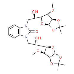 ChemSpider 2D Image | 1,3-Bis{(2R)-2-hydroxy-2-[(3aR,5R,6S,6aR)-6-methoxy-2,2-dimethyltetrahydrofuro[2,3-d][1,3]dioxol-5-yl]ethyl}-1,3-dihydro-2H-benzimidazol-2-one | C27H38N2O11