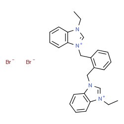 ChemSpider 2D Image | 3-Ethyl-1-{2-[(1-ethyl-1H-3,1-benzimidazol-3-ium-3-yl)methyl]benzyl}-1H-3,1-benzimidazol-3-ium dibromide | C26H28Br2N4